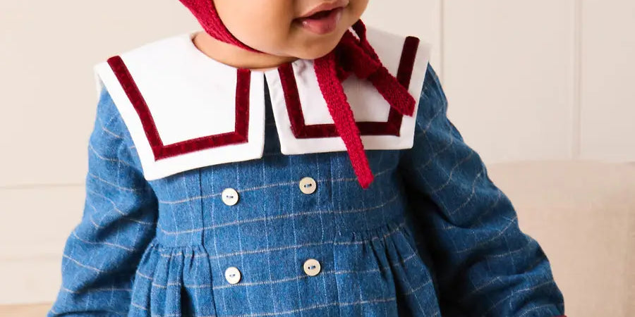 Moreton Check Mariner Collar Long Sleeve Romper in Blue (6mths-2yrs) Rompers from Pepa London