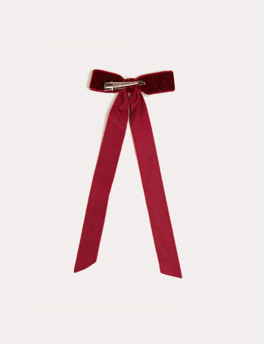 Velvet Long-Bow Clip in Burgundy Hair Accessories  from Pepa London