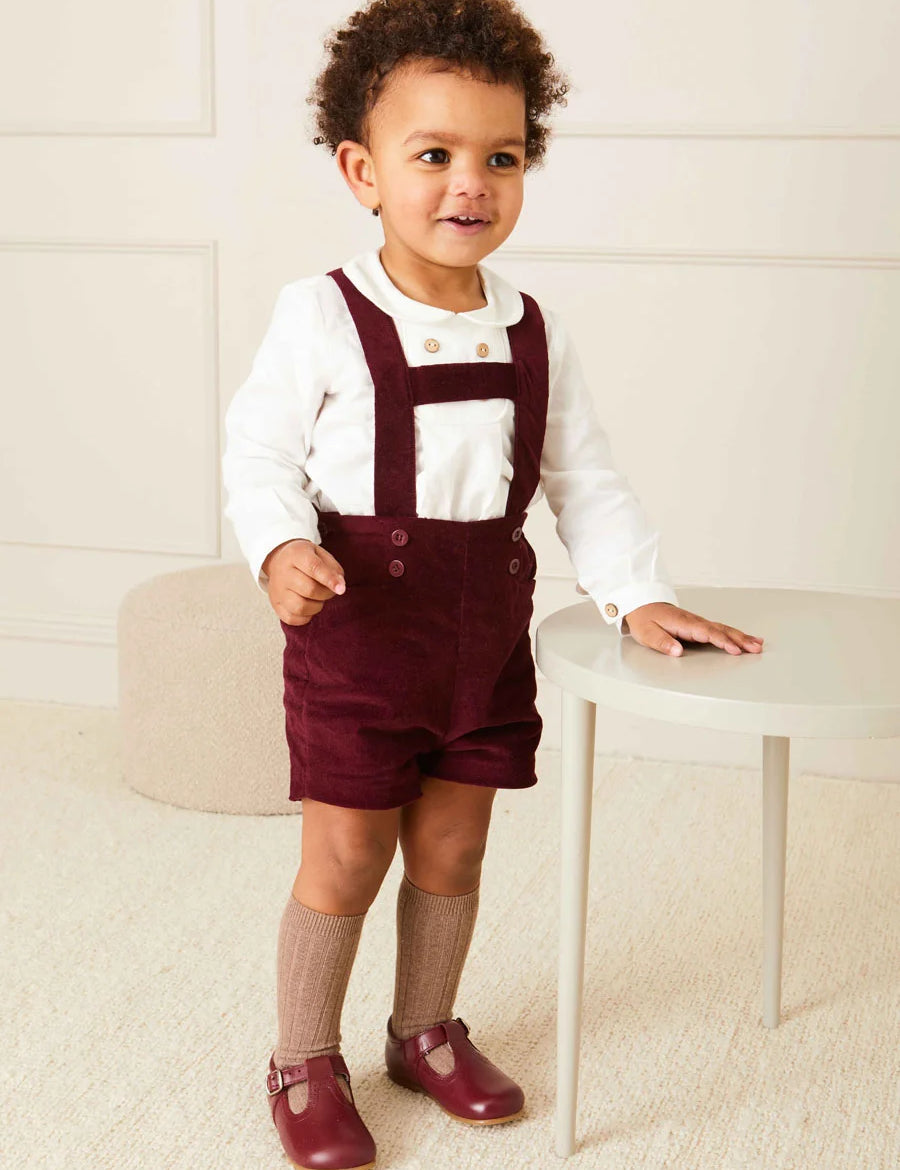 Velvet Button Detail Shorts with Braces in Burgundy (18mths-4yrs) Shorts  from Pepa London