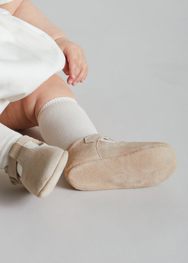 Suede T-Bar Pram Shoes in Beige (17-20EU) Shoes  from Pepa London