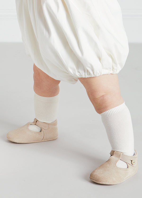 Suede T-Bar Pram Shoes in Beige (17-20EU) Shoes  from Pepa London