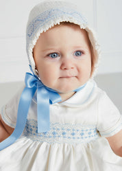 Off White and Blue Hand Smocked Baby Bonnet Knitted Accessories  from Pepa London