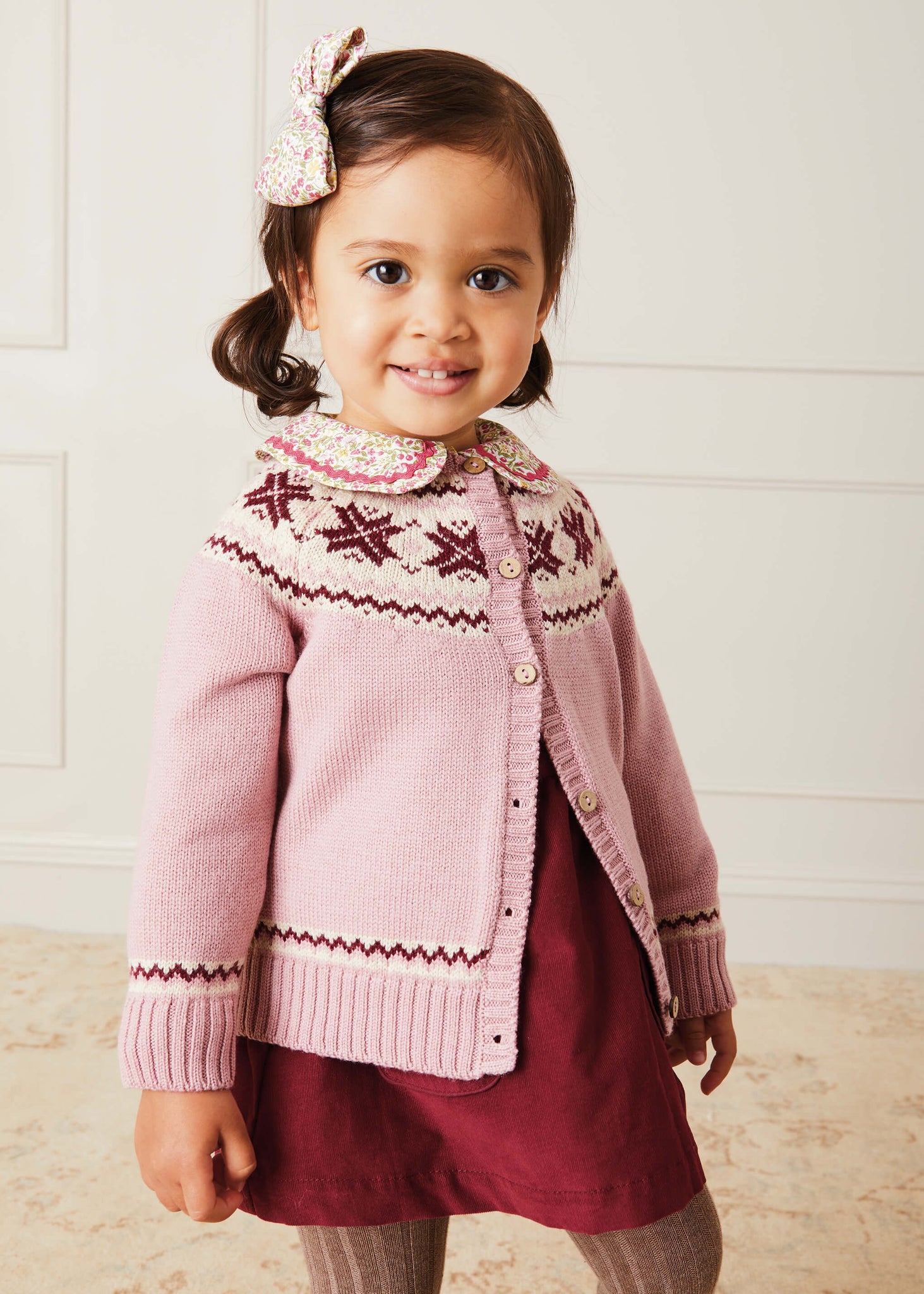 Classic Fair Isle Cardigan With Rib Details in Pink (12mths-10yrs) Knitwear  from Pepa London