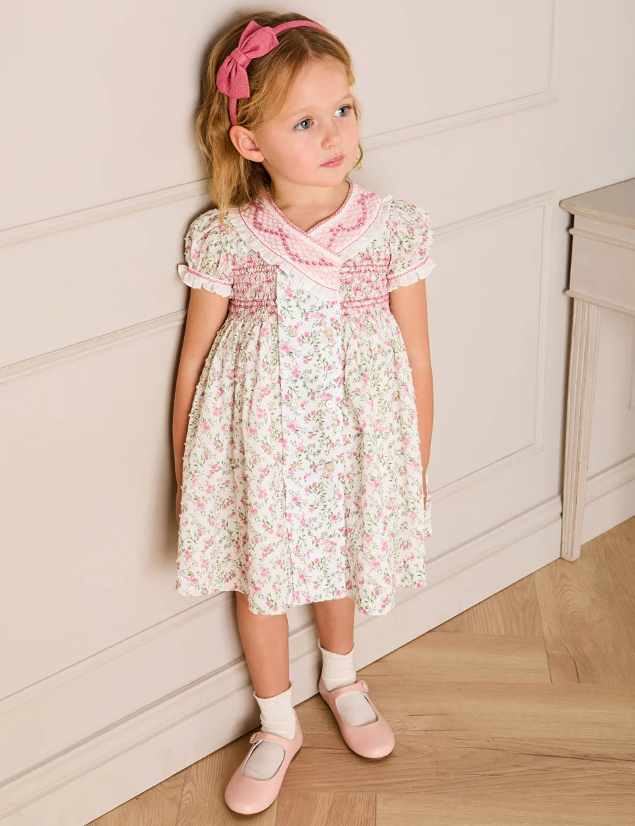 Alice Floral Double Breasted Hand Smocked Dress in Pink (12mths- 10yrs) Dresses from Pepa London