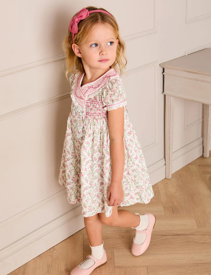 Alice Floral Double Breasted Hand Smocked Dress in Pink (12mths- 10yrs) Dresses from Pepa London
