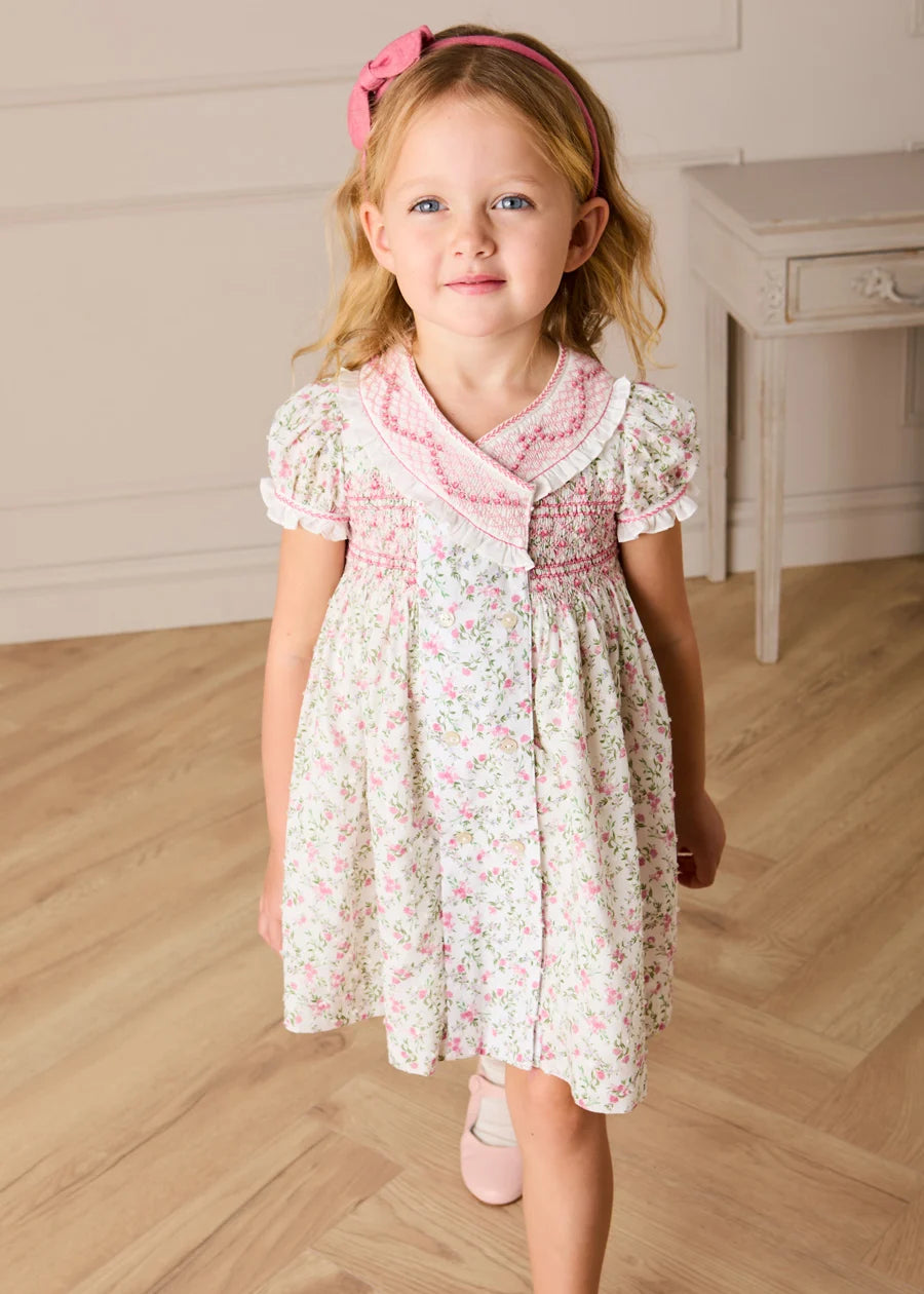 Alice Floral Double Breasted Hand Smocked Dress in Pink (12mths- 10yrs) Dresses from Pepa London