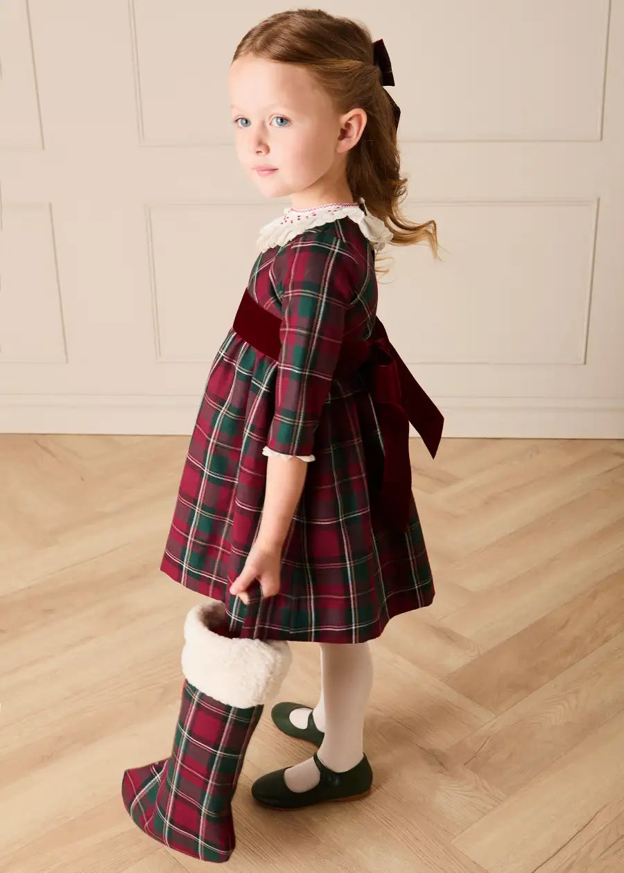 Balmoral Tartan Long Sleeve Embroidered Collar Dress in Burgundy (12mths-10yrs) Dresses from Pepa London