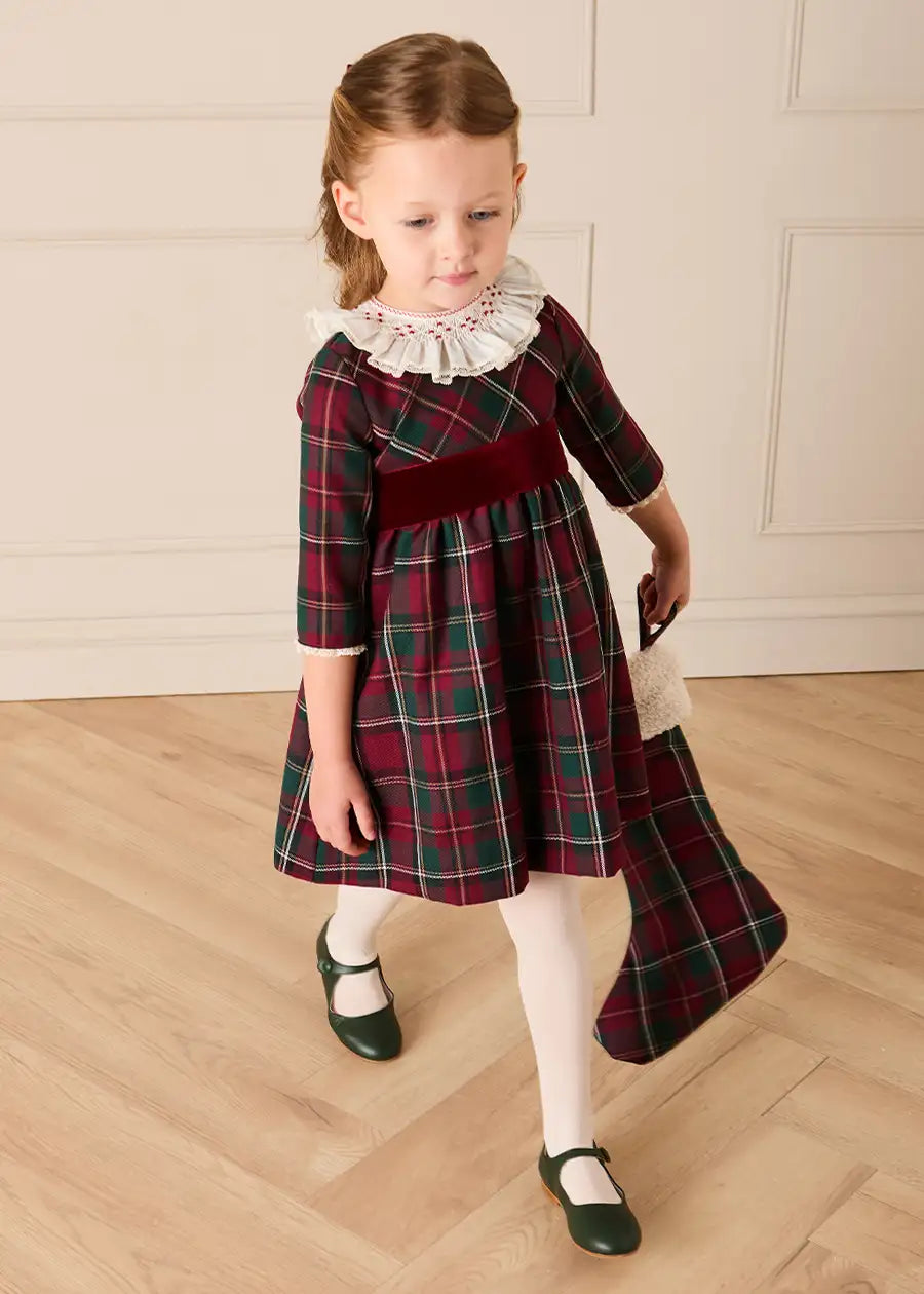 Balmoral Tartan Long Sleeve Embroidered Collar Dress in Burgundy (12mths-10yrs) Dresses from Pepa London