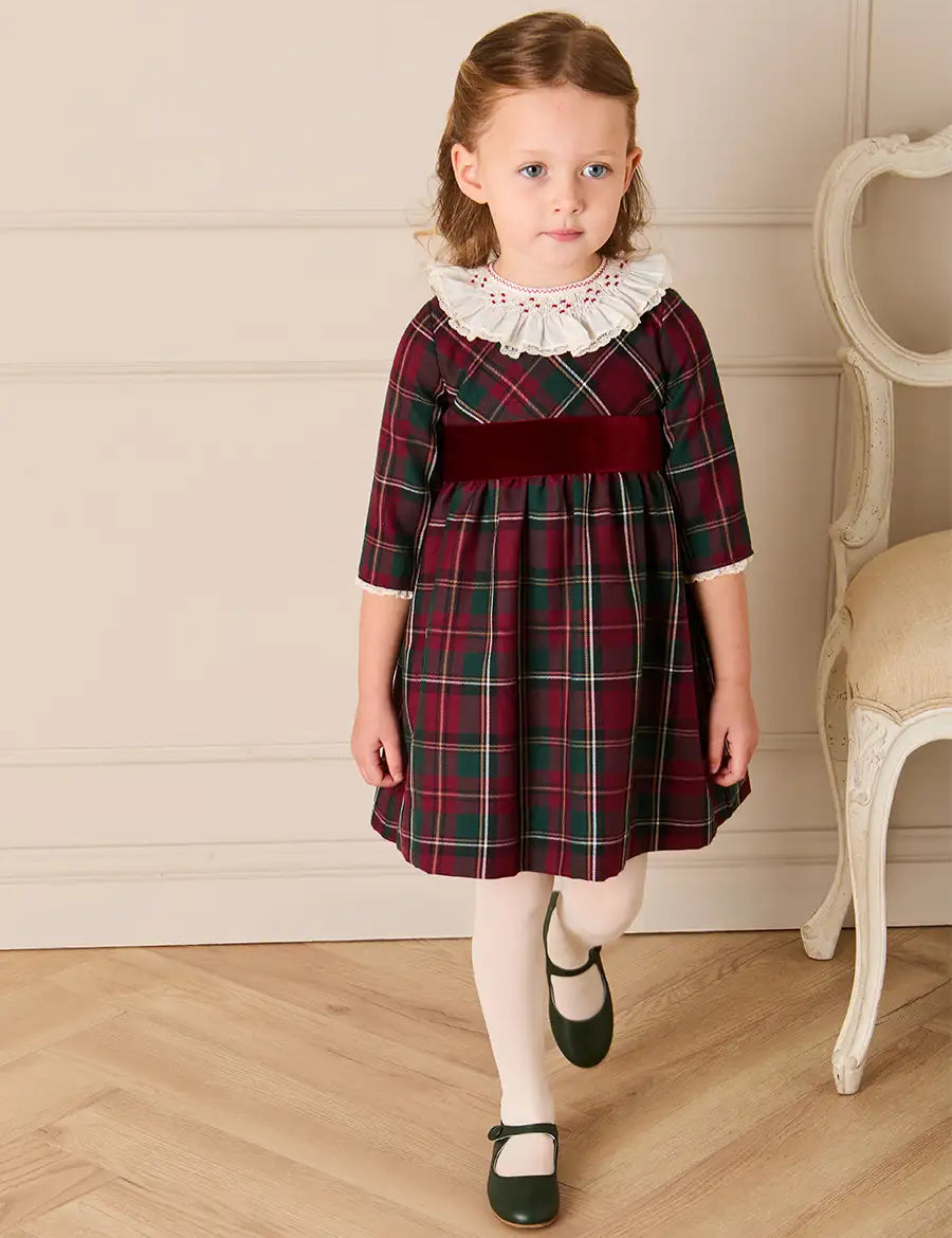 Balmoral Tartan Long Sleeve Embroidered Collar Dress in Burgundy (12mths-10yrs) Dresses from Pepa London