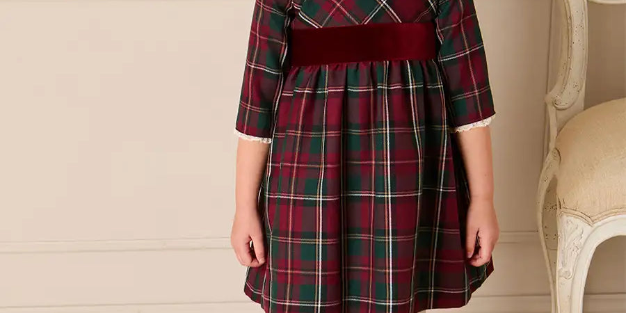 Balmoral Tartan Long Sleeve Embroidered Collar Dress in Burgundy (12mths-10yrs) Dresses from Pepa London