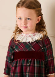 Balmoral Tartan Long Sleeve Embroidered Collar Dress in Burgundy (12mths-10yrs) Dresses from Pepa London