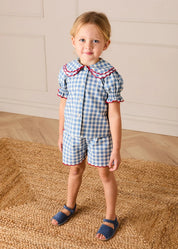 Darby Gingham Scallop Layered Collar Short Sleeve Blouse in Blue (18mths-12yrs) Blouses from Pepa London