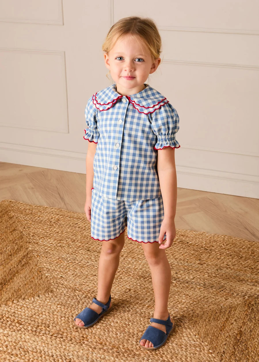 Darby Gingham Scallop Edge Bow Detail Shorts in Blue (18mths-12yrs) Shorts from Pepa London
