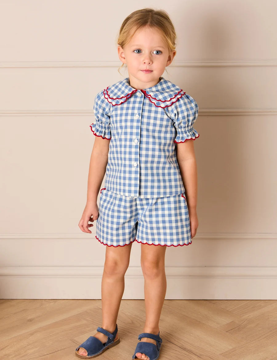 Darby Gingham Scallop Edge Bow Detail Shorts in Blue (18mths-12yrs) Shorts from Pepa London