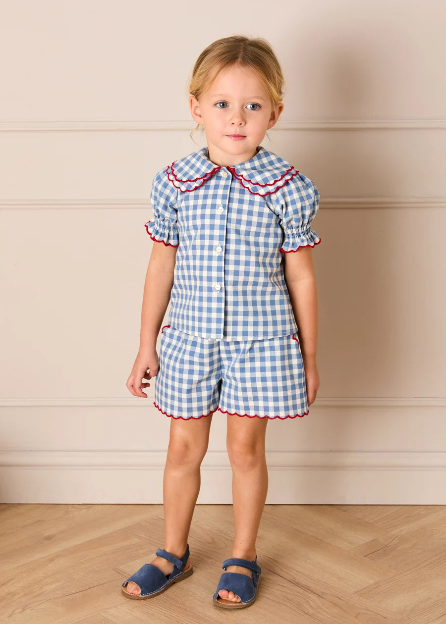 Darby Gingham Scallop Edge Bow Detail Shorts in Blue (18mths-12yrs) Shorts from Pepa London