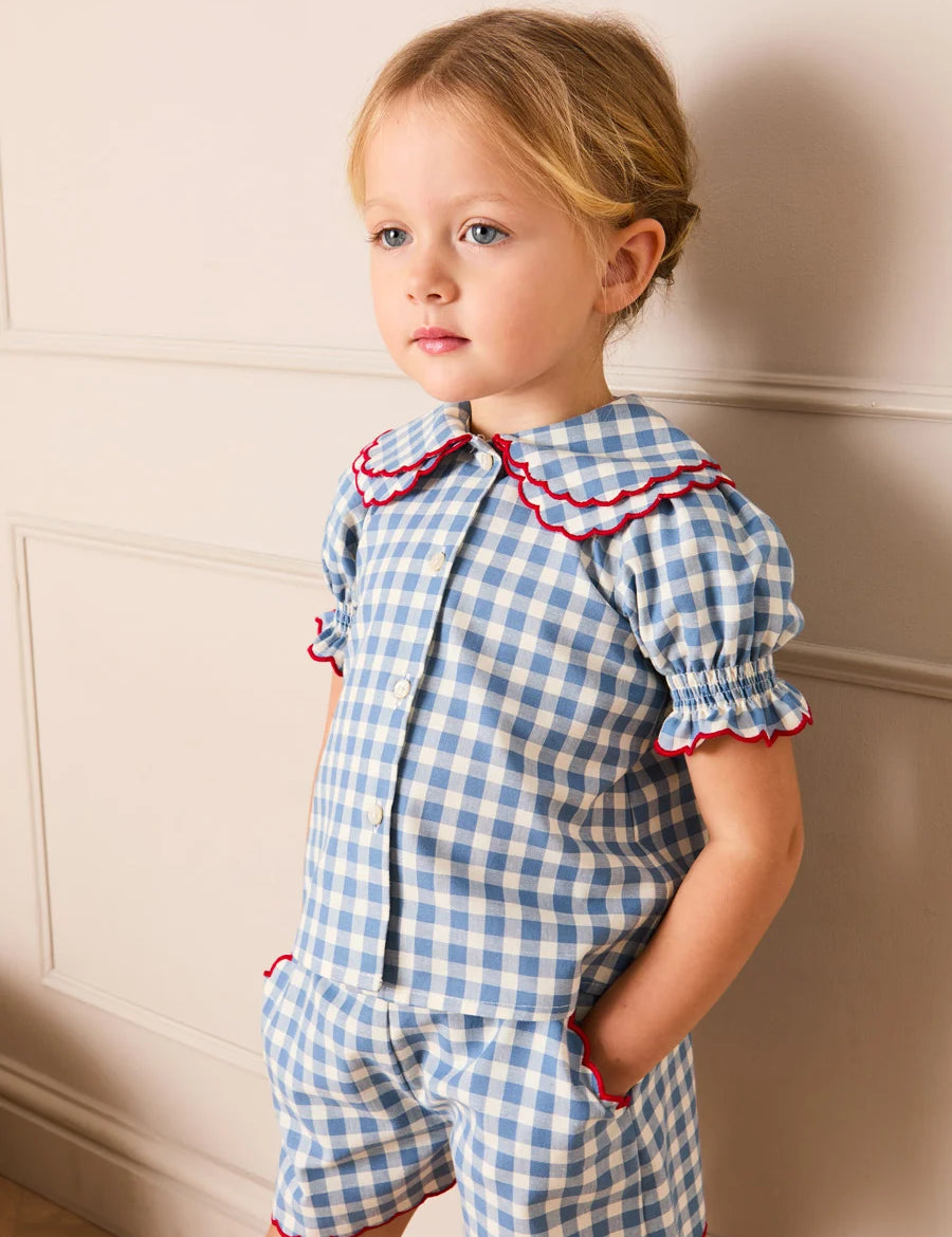 Darby Gingham Scallop Layered Collar Short Sleeve Blouse in Blue (18mths-12yrs) Blouses from Pepa London