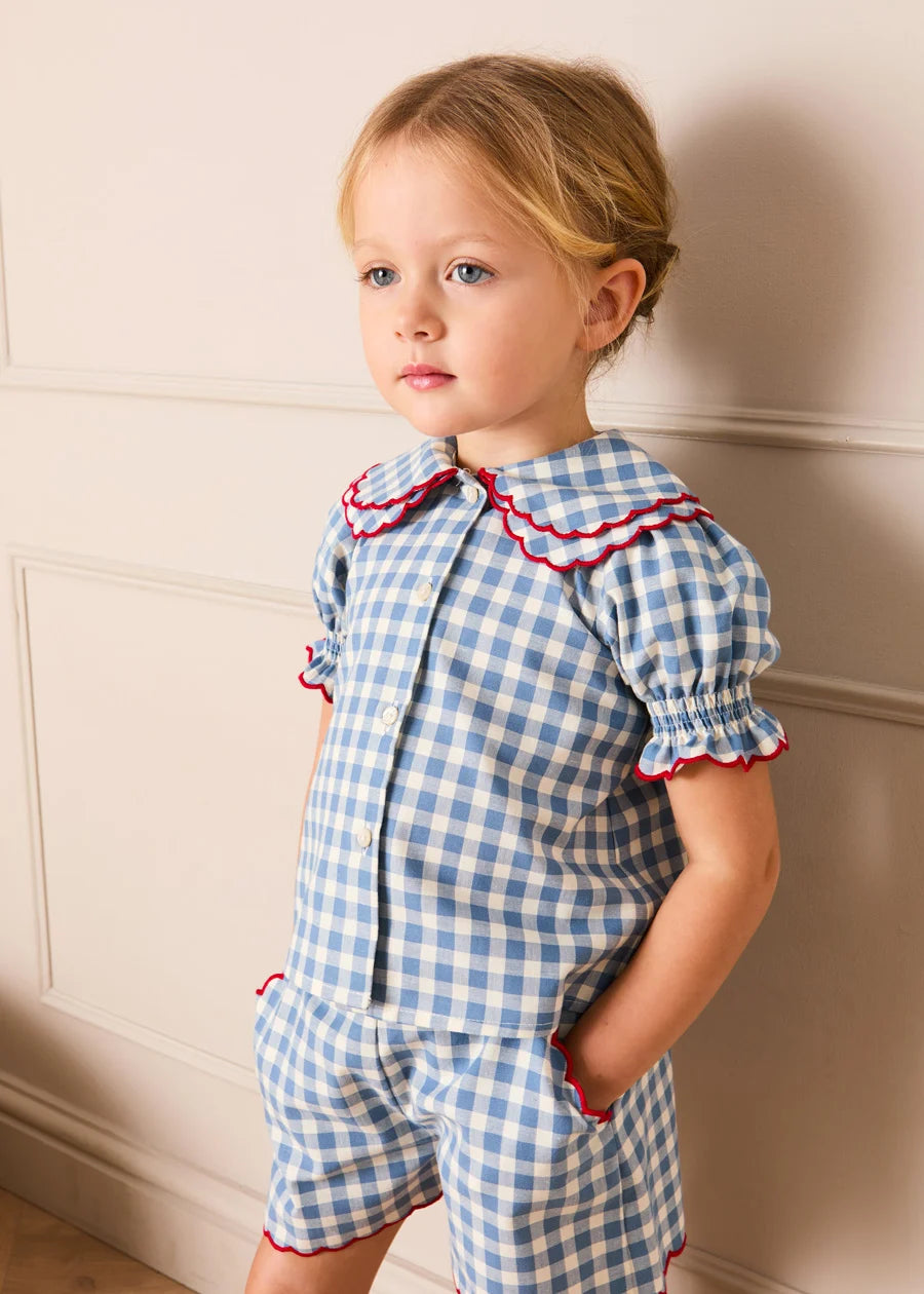 Darby Gingham Scallop Layered Collar Short Sleeve Blouse in Blue (18mths-12yrs) Blouses from Pepa London