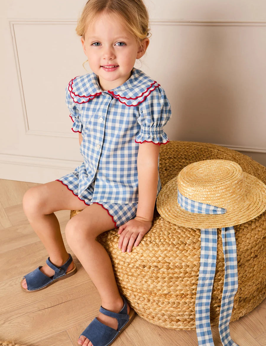 Darby Gingham Straw Boater Hat in Blue (M-L) Accessories from Pepa London