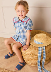 Darby Gingham Scallop Layered Collar Short Sleeve Blouse in Blue (18mths-12yrs) Blouses from Pepa London