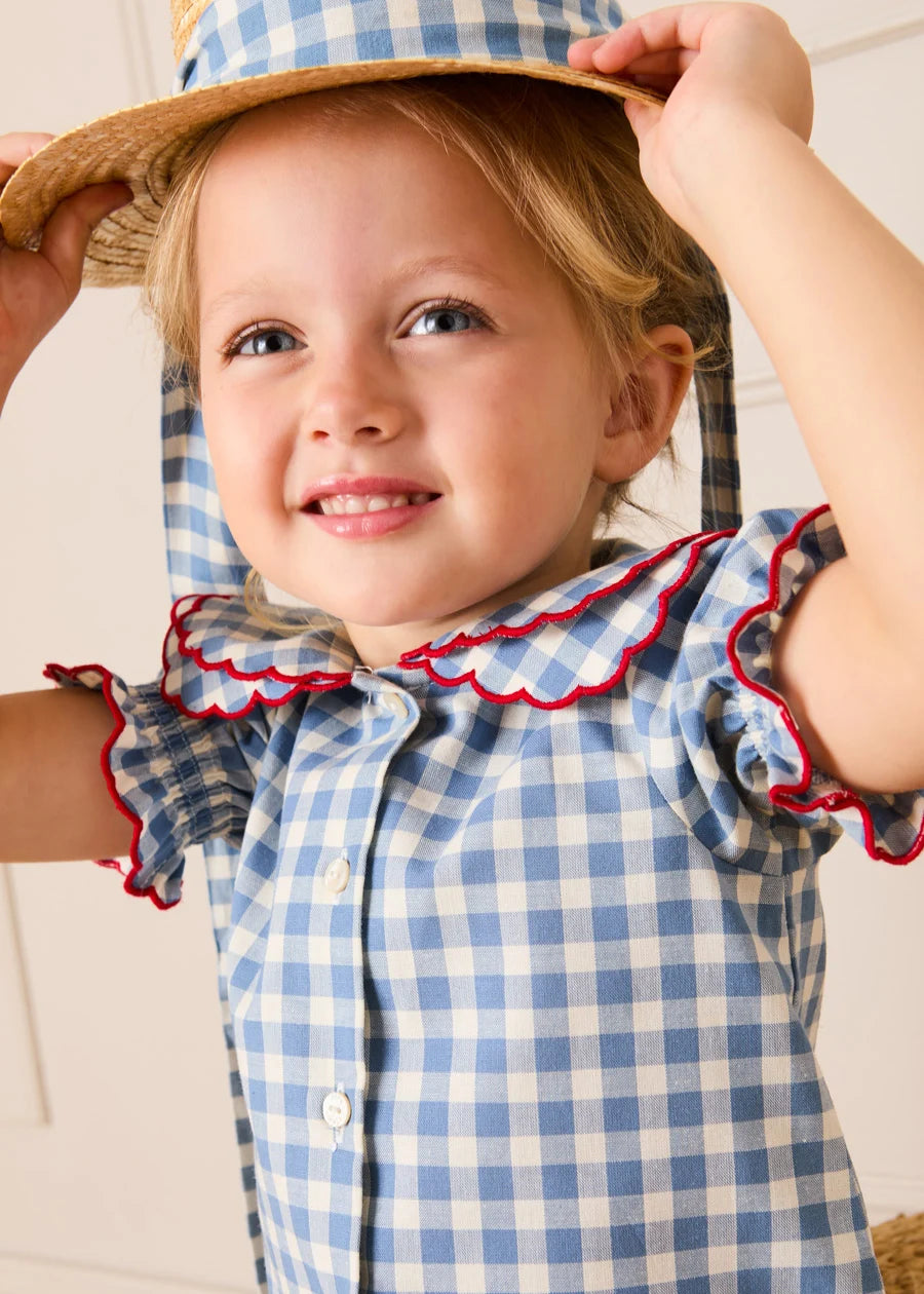 Darby Gingham Scallop Layered Collar Short Sleeve Blouse in Blue (18mths-12yrs) Blouses from Pepa London