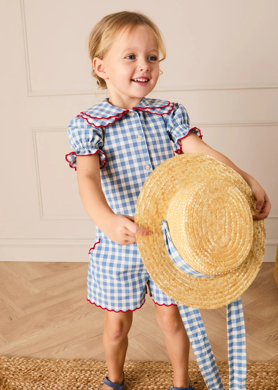 Darby Gingham Scallop Layered Collar Short Sleeve Blouse in Blue (18mths-12yrs) Blouses from Pepa London