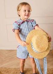 Darby Gingham Scallop Layered Collar Short Sleeve Blouse in Blue (18mths-12yrs) Blouses from Pepa London