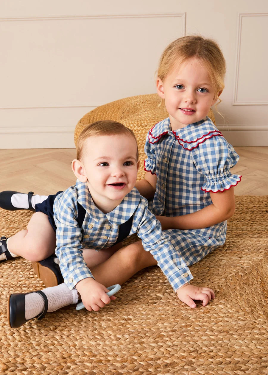 Darby Gingham Scallop Layered Collar Short Sleeve Blouse in Blue (18mths-12yrs) Blouses from Pepa London