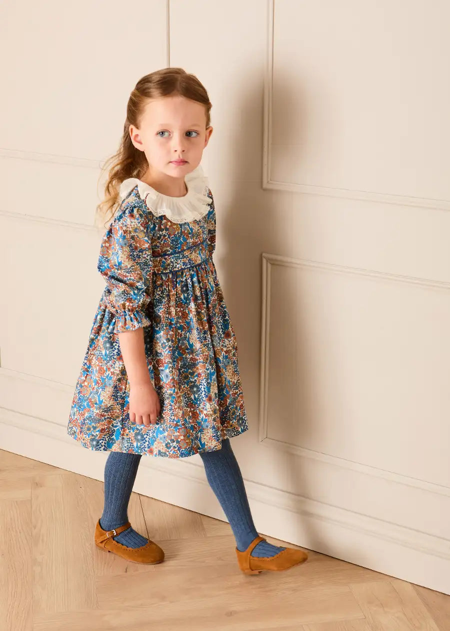 Margaret Annie Floral Frill Collar Dress Made With Liberty Fabric in Blue (18mths-10yrs) Dresses from Pepa London