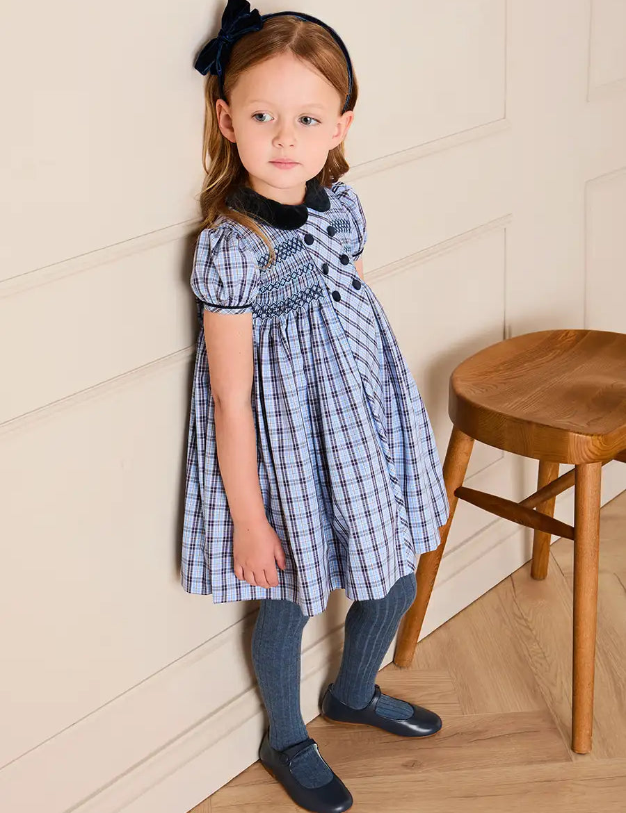 Kingsley Check Hand Smocked Double Breasted Short Sleeve Dress in Blue (18mths-10yrs) Dresses from Pepa London