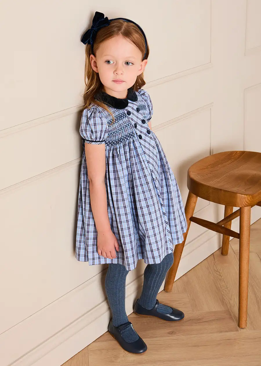 Kingsley Check Hand Smocked Double Breasted Short Sleeve Dress in Blue (18mths-10yrs) Dresses from Pepa London