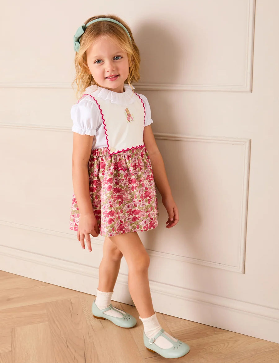 Margret Floral Bunny Embroidered Scallop Detail Pinafore Skirt in Pink (18mths-6yrs) Skirts from Pepa London