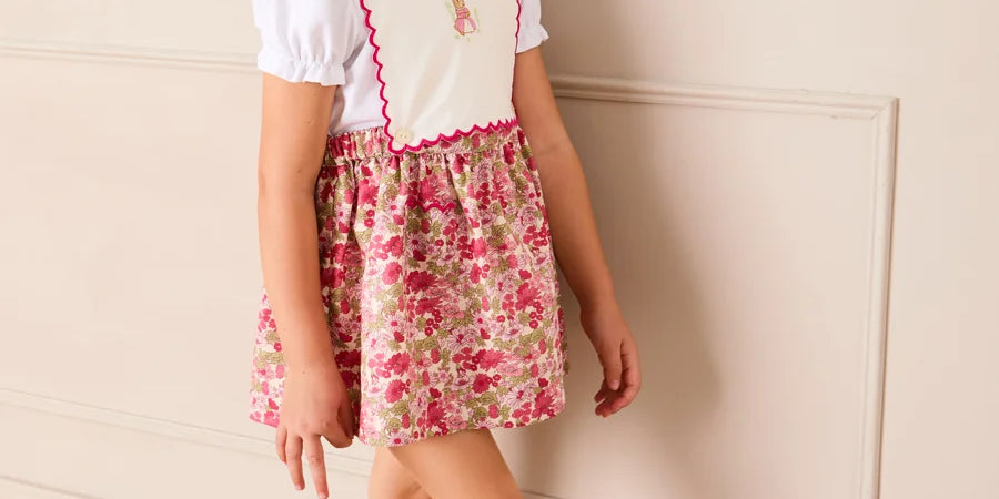 Margaret Floral Bunny Embroidered Scallop Detail Pinafore Skirt in Pink (18mths-6yrs) SKIRTS from Pepa London