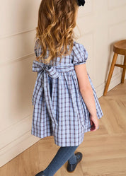 Kingsley Check Hand Smocked Double Breasted Short Sleeve Dress in Blue (18mths-10yrs) Dresses from Pepa London