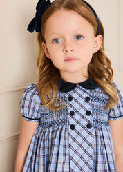 Kingsley Check Hand Smocked Double Breasted Short Sleeve Dress in Blue (18mths-10yrs) Dresses from Pepa London