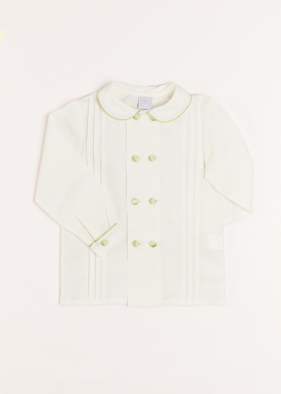Double-Breasted Peter Pan Collar Shirt with Green Silk Piping (12mths-10yrs) SHIRTS from Pepa London