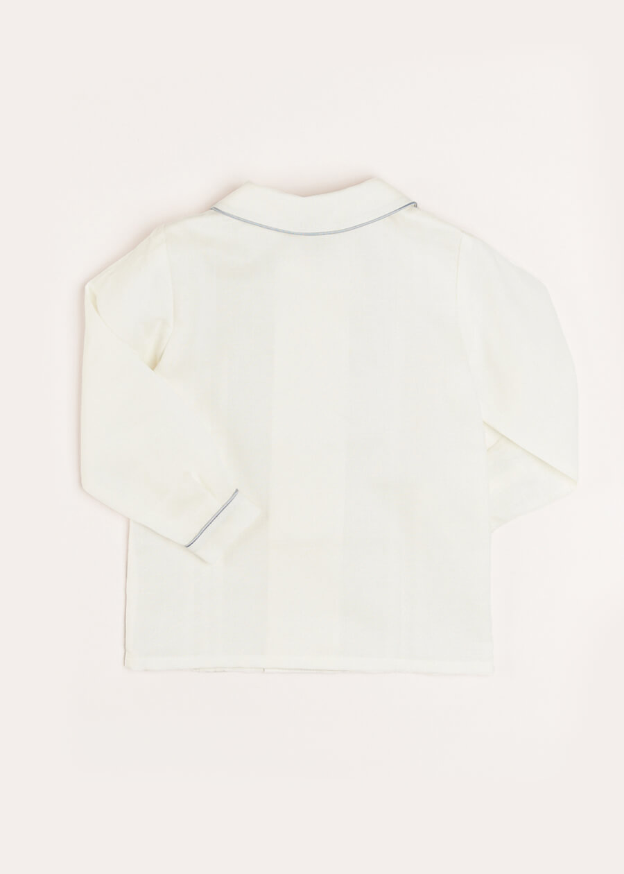 Double-Breasted Peter Pan Collar Long Sleeve Shirt with Blue Silk Piping (18mths-10yrs) Shirts from Pepa London
