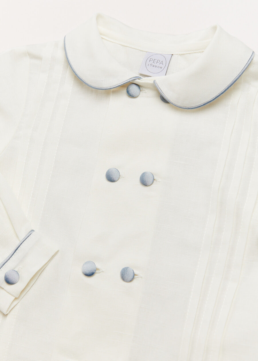 Double-Breasted Peter Pan Collar Long Sleeve Shirt with Blue Silk Piping (18mths-10yrs) Shirts from Pepa London