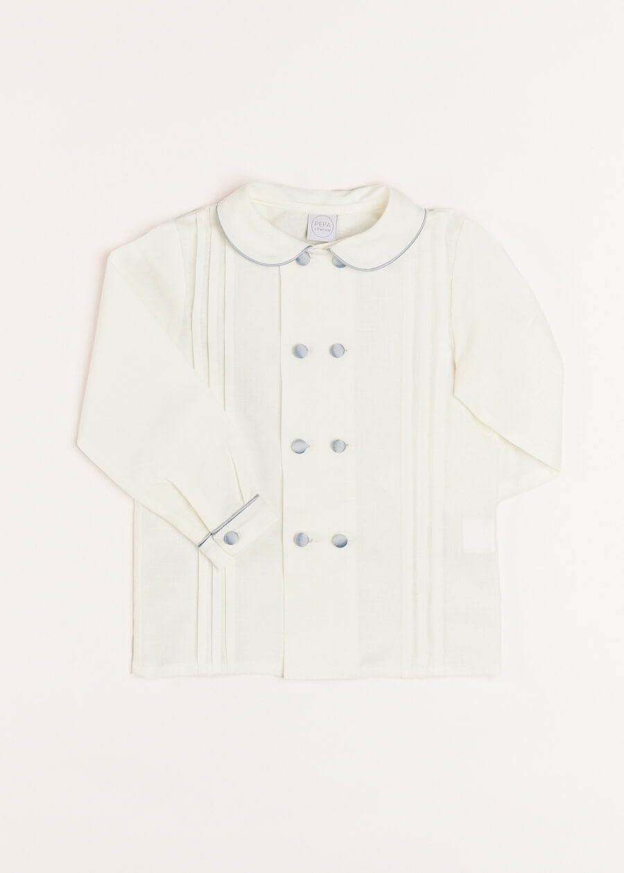 Double-Breasted Peter Pan Collar Long Sleeve Shirt with Blue Silk Piping (18mths-10yrs) Shirts from Pepa London