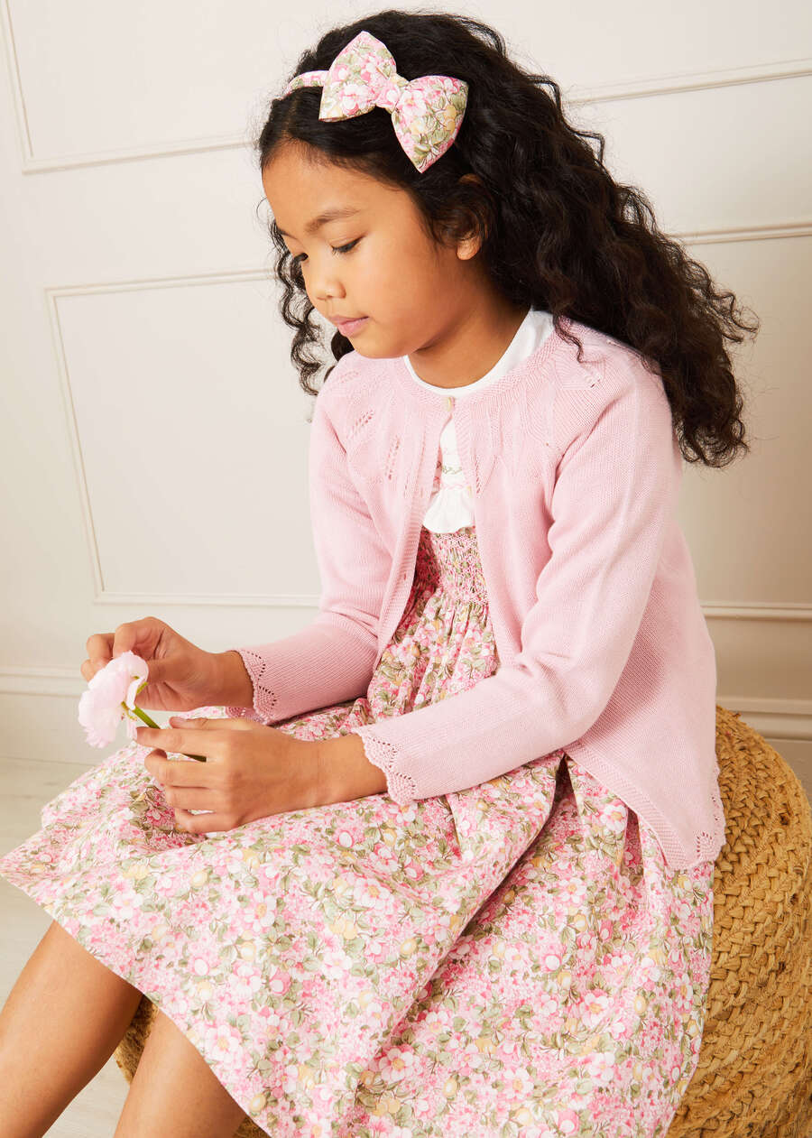 Eloise Floral Print Hand Smocked Short Sleeve Dress in Pink (12mths-10yrs) Dresses  from Pepa London
