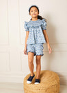 Daphne Floral Print Smock Detail Short Sleeve Blouse in Blue (2-10yrs) Blouses  from Pepa London