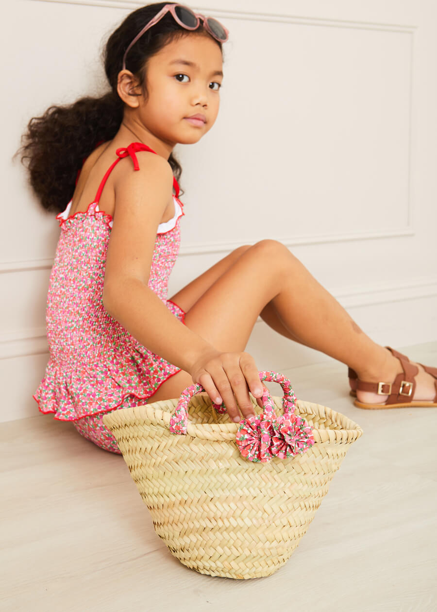 Annie Floral Print Bow Detail Straw Bag in Pink (S-M) Accessories  from Pepa London