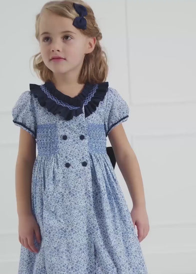 Hand Smocked Light Floral Short Sleeve Dress in Navy (12mths-10yrs) Dresses from Pepa London