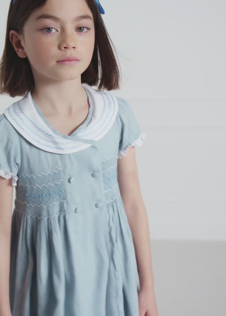 Hand Smocked Embroidered Collar Short Sleeve Dress in Blue (12mths-10yrs) Dresses from Pepa London