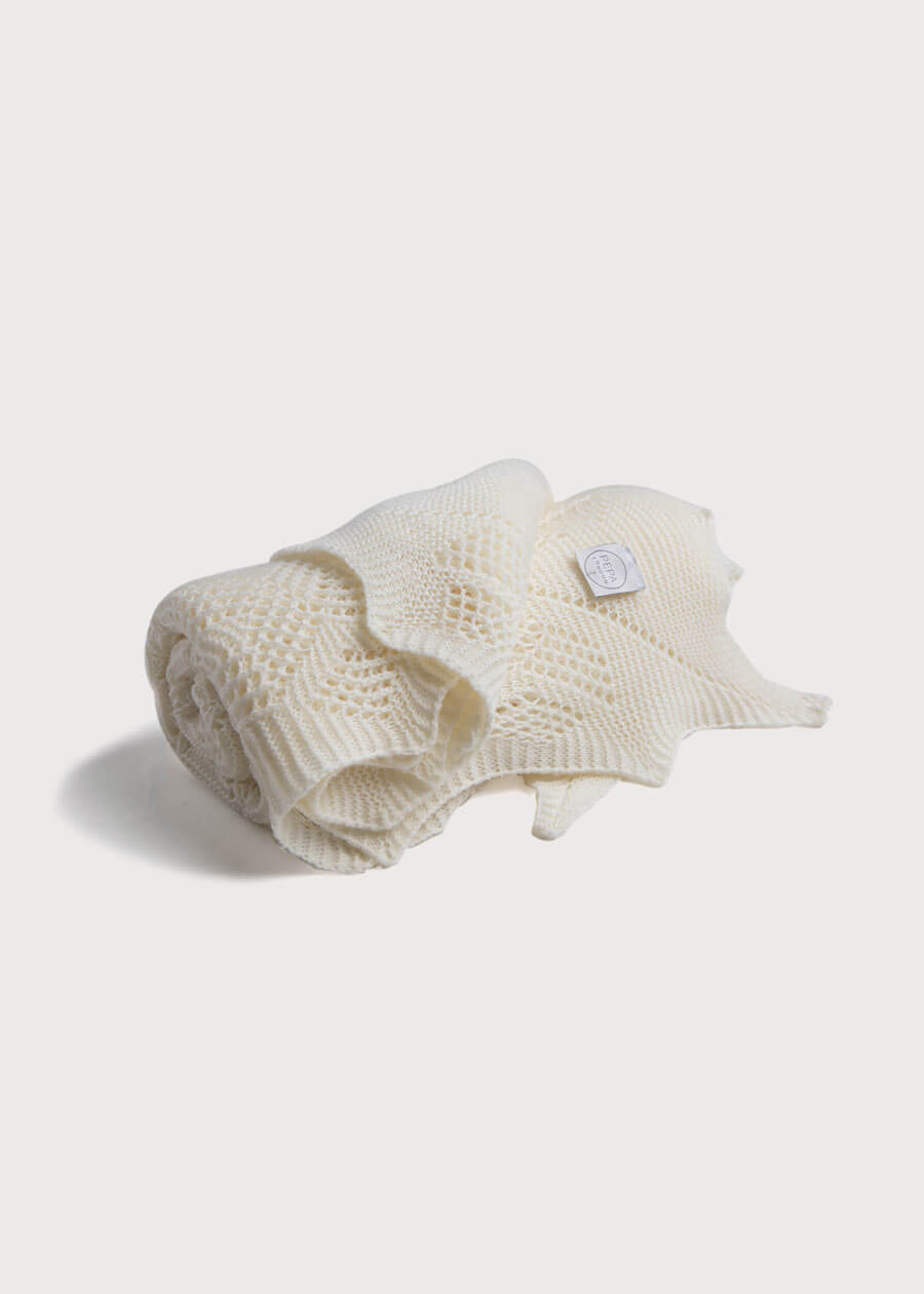 Intricate Openwork Fine Merino Wool Shawl in Cream Knitted Accessories  from Pepa London