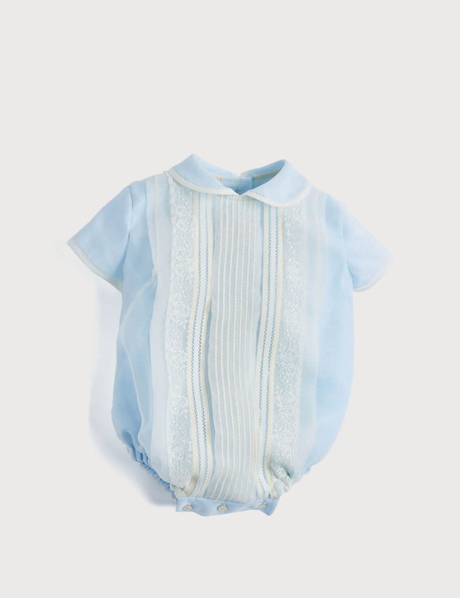 Light Blue Panelled Christening Romper (3mths-2yrs) Rompers from Pepa London