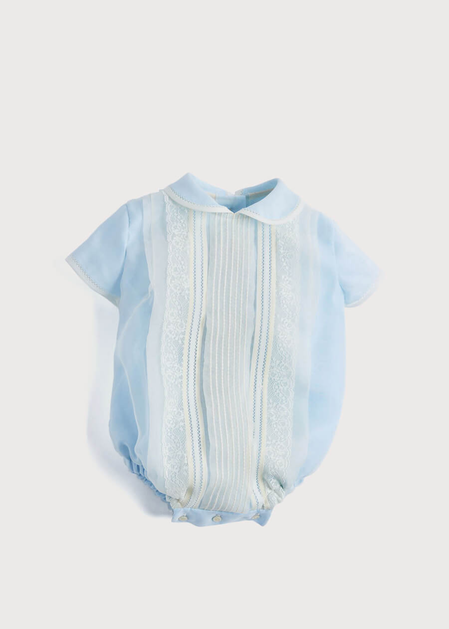 Light Blue Panelled Christening Romper (3mths-2yrs) Rompers from Pepa London