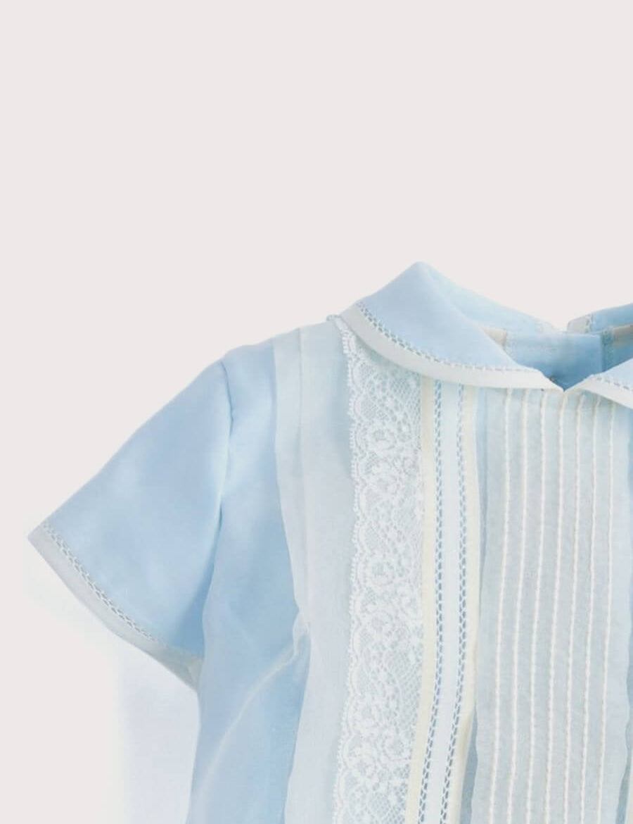 Light Blue Panelled Christening Romper (3mths-2yrs) Rompers from Pepa London