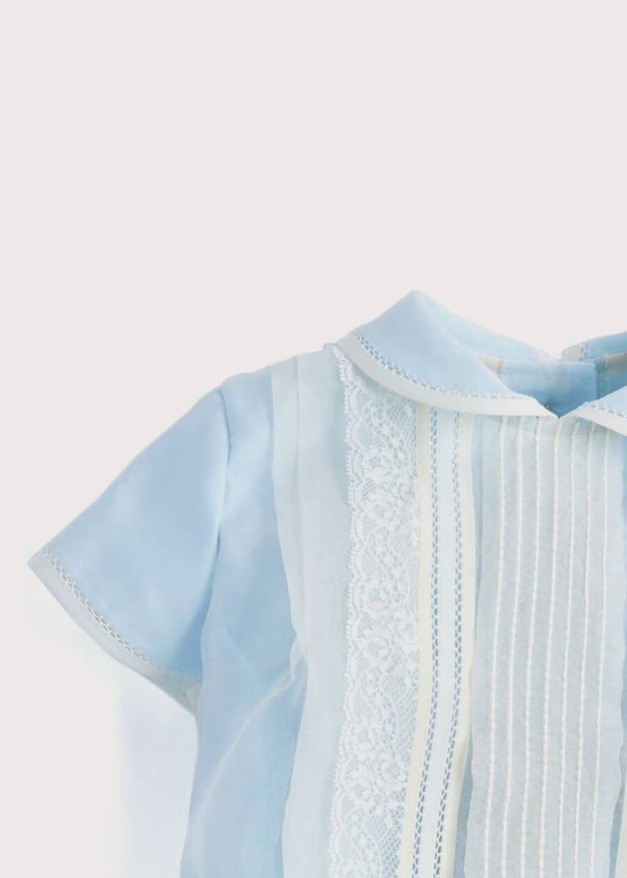 Light Blue Panelled Christening Romper (3mths-2yrs) Rompers from Pepa London
