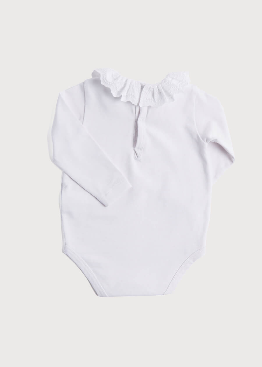 Frill Collar Long Sleeve Bodysuit in White (0mths-3yrs) Tops & Bodysuits from Pepa London