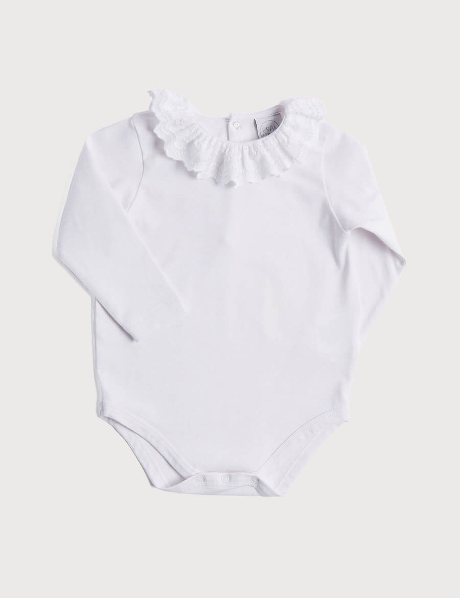 Frill Collar Long Sleeve Bodysuit in White (0mths-3yrs) Tops & Bodysuits from Pepa London